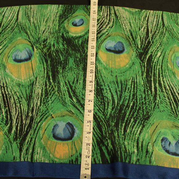 100% Silk Scarf Peacock Feathers Blue Green Beautiful 70x36 - Picture 6 of 9